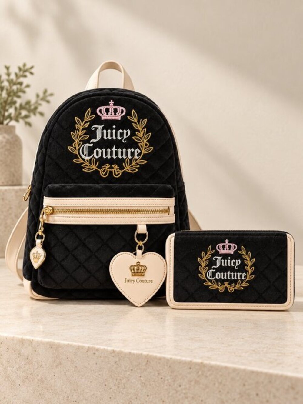 Juicy Couture Quilted Velour Mini Backpack Set Black Cream NWT